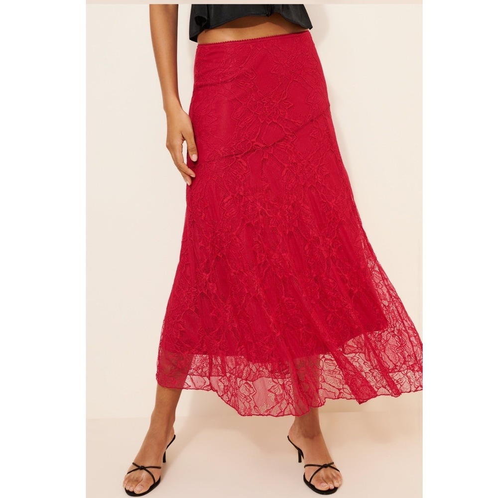 Anthropologie Asymmetric Drop-Waist Lace Midi Skirt Red Balletcore Coquette XL